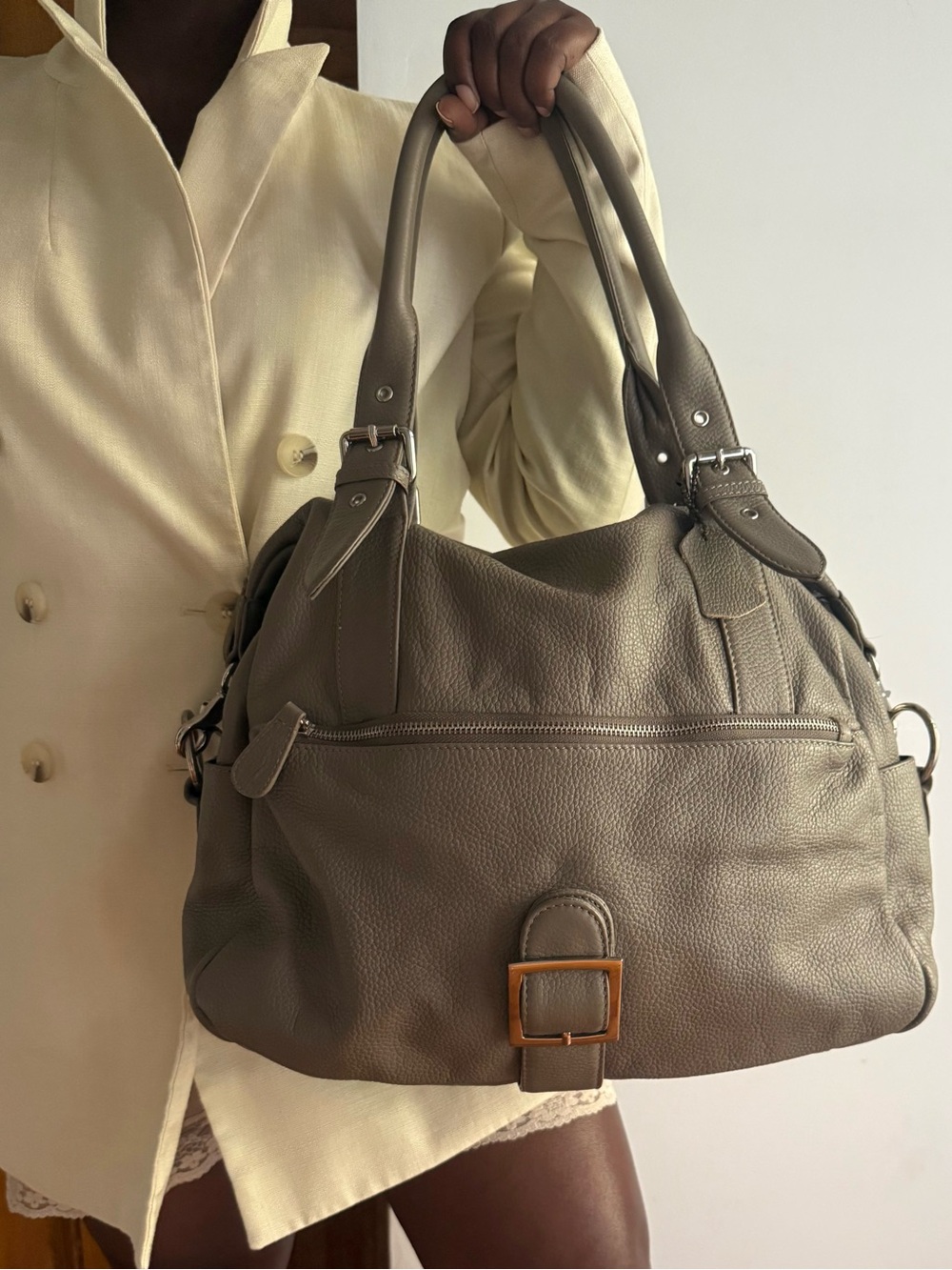 Albatrosso Italian Pebbled Leather Medium Grey Satchel Shoulder Bag